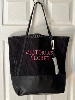 VICTORIA SECRET | Black Mesh and Faux Leather Large Tote-NWT